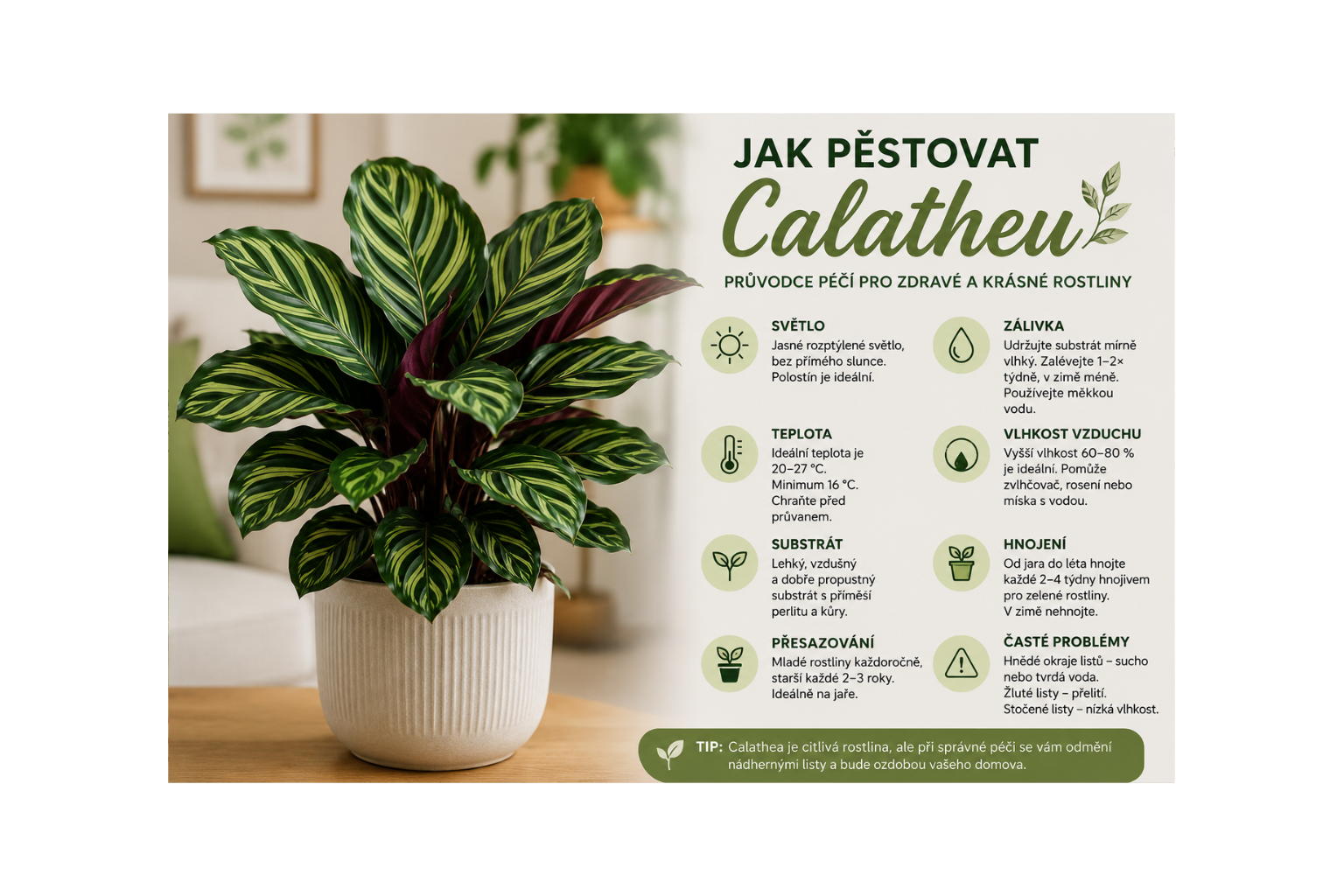Calathea s výrazně vzorovanými zelenými listy v bílém květináči doplněná přehlednou infografikou s tipy pro správné pěstování, zálivku, světlo, vlhkost a péči.