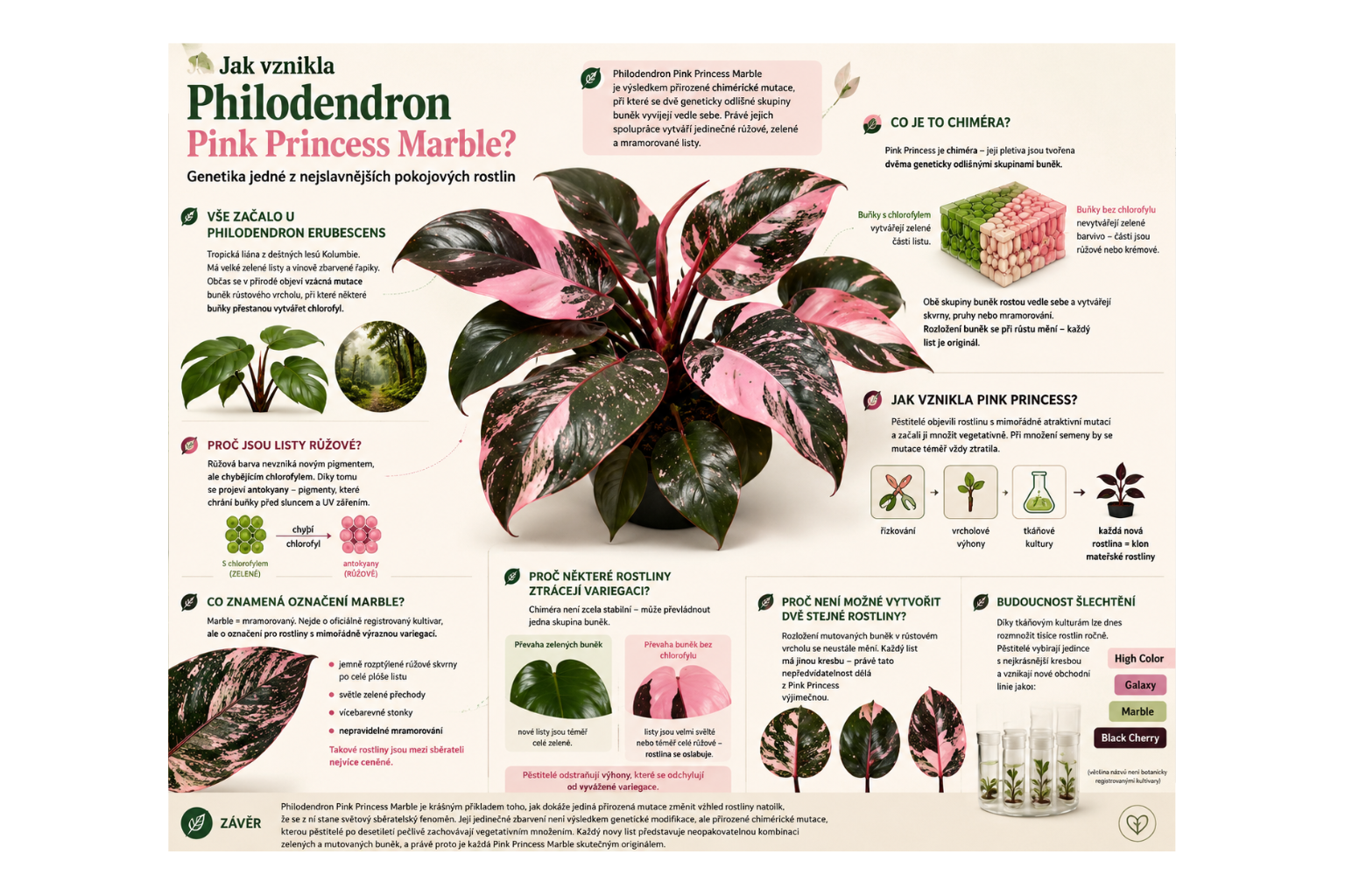 Infografika o vzniku Philodendron Pink Princess Marble s vysvětlením chimérické mutace, růžové variegace a vegetativního množení této vzácné pokojové rostliny.