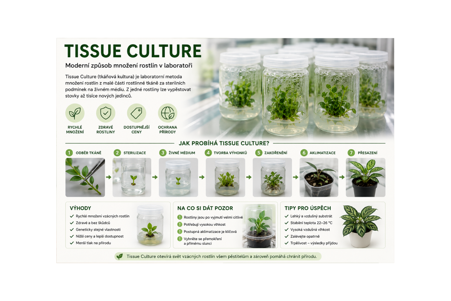 Mladé rostliny vypěstované metodou Tissue Culture ve sterilních laboratorních nádobách připravené k aklimatizaci.