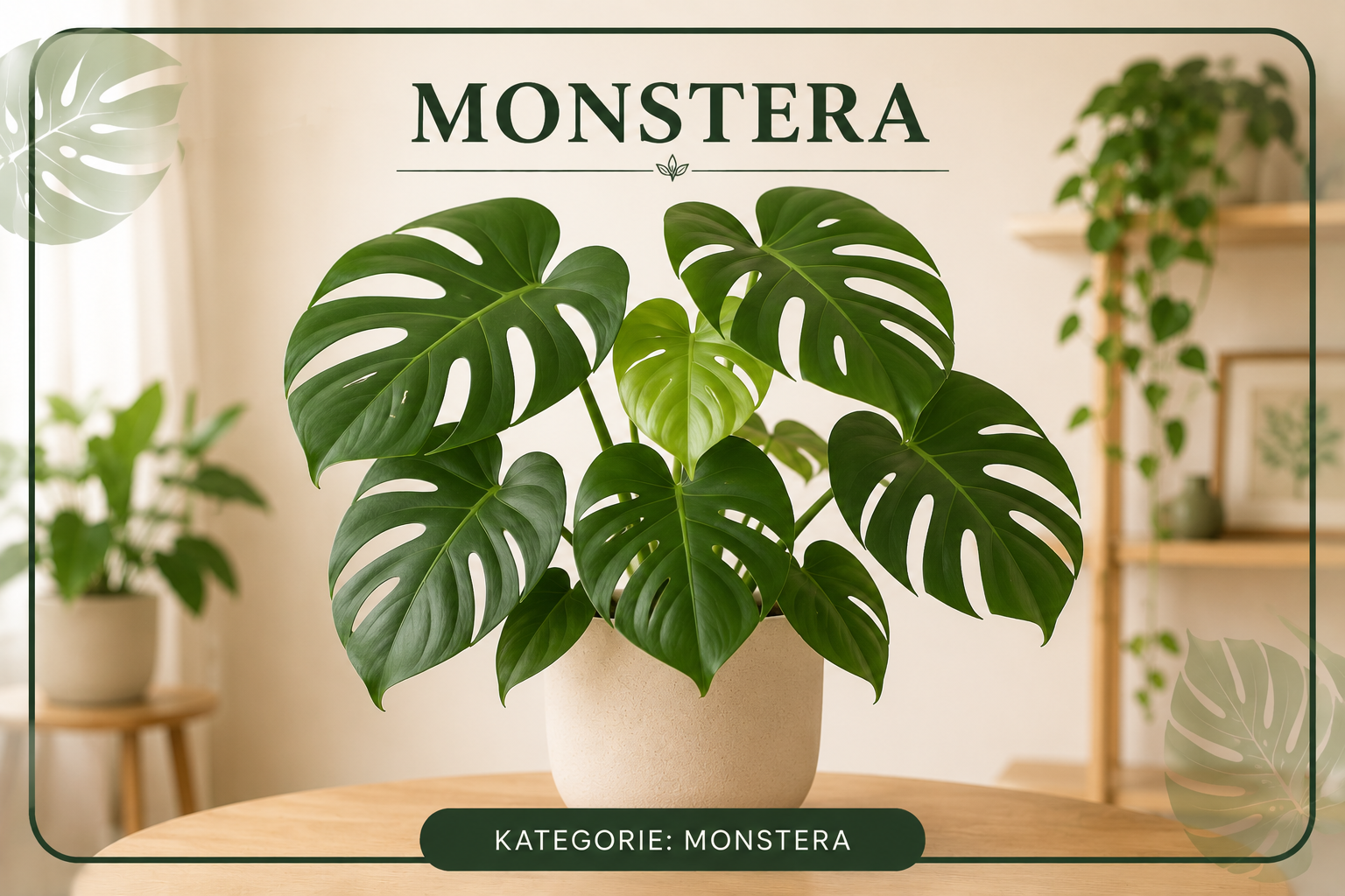Monstera v béžovém květináči na světlém dřevěném stolku. Rostlina má velké sytě zelené listy s typickými hlubokými zářezy a otvory. V horní části obrázku je nápis „MONSTERA“, dole označení „Kategorie: Monstera“. Pozadí tvoří světlý interiér s rozostřenými pokojovými rostlinami a jemnými dekorativními motivy listů v rozích.