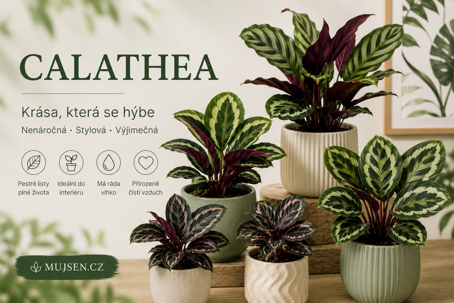 Pokojové rostliny Calathea v různých odrůdách s výrazně vzorovanými listy. Elegantní pokojovky vhodné do interiéru, které mají rády vyšší vzdušnou vlhkost.