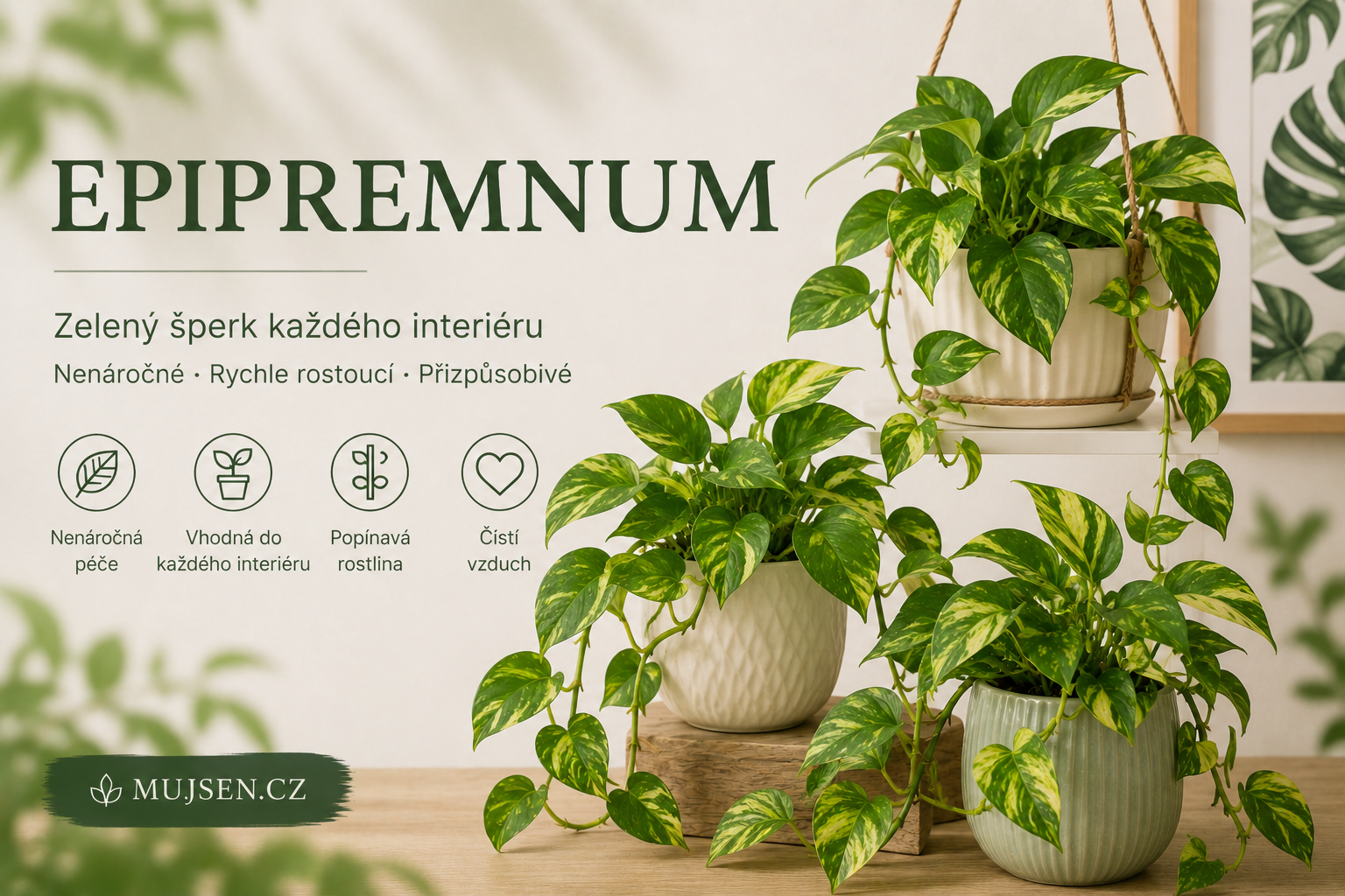 okojové rostliny Epipremnum (potos) se zeleno-žlutými panašovanými listy. Nenáročné popínavé a převislé pokojovky vhodné do každého interiéru.