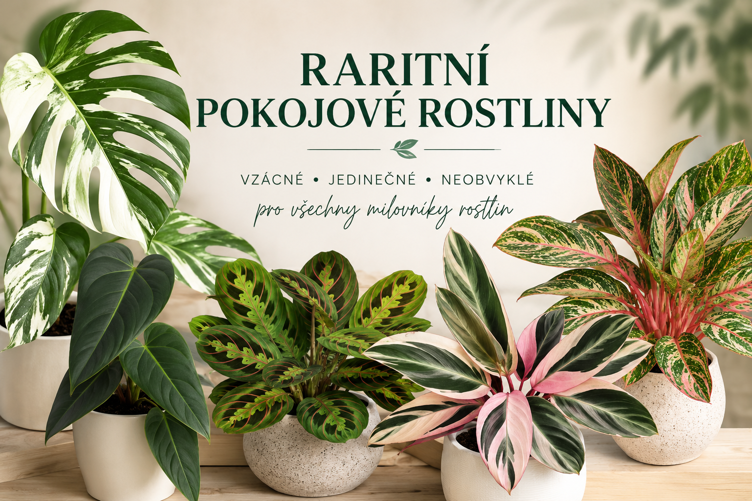 Banner s nápisem „Raritní pokojové rostliny – vzácné, jedinečné, neobvyklé pro všechny milovníky rostlin“ a fotografiemi vzácných pokojových rostlin s panašovanými a barevnými listy.